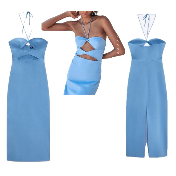 Zara blue cut-out halter top bodycon midi dress Sz L NWOT bloggers fave - Picture 3 of 16